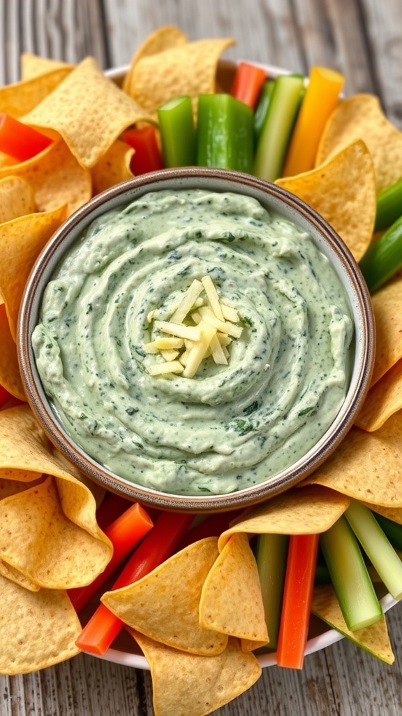 A creamy spinach dip in a bowl with tortilla chips and vegetable sticks on a wooden table.